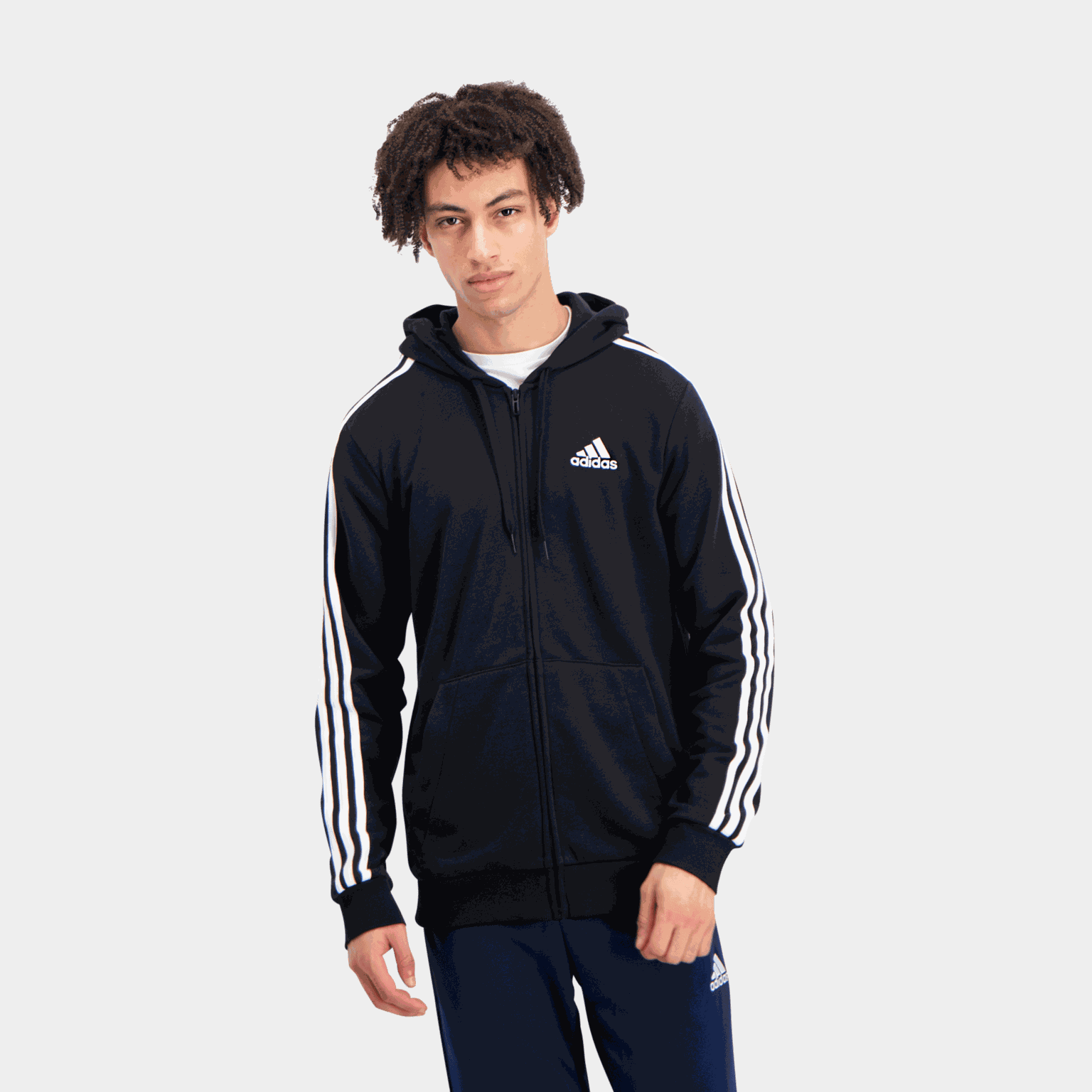 Essential French Terry 3-Stripes Full-Zip Hoodie, huvjacka herr - Hoodtröjor